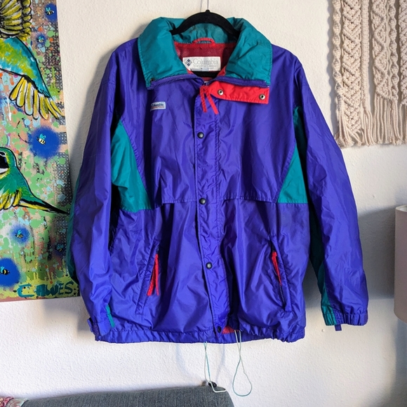 Vtg 90s Columbia Sportswear Omni Tech Windbreaker Jacket Purple Teal Mens S - Picture 1 of 15